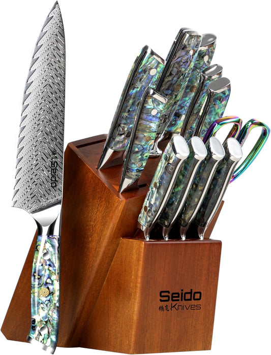 Seido 13-Piece Awabi Knife Block Set – Premium VG-10 Damascus Steel Knives with Abalone Shell Resin Handles