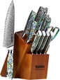 Seido 13-Piece Awabi Knife Block Set – Premium VG-10 Damascus Steel Knives with Abalone Shell Resin Handles