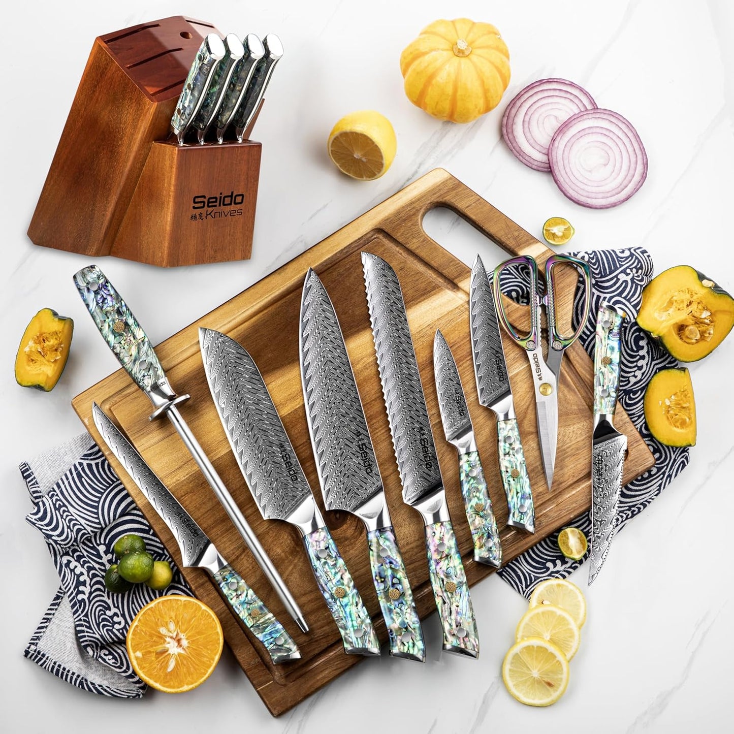 Seido 13-Piece Awabi Knife Block Set – Premium VG-10 Damascus Steel Knives with Abalone Shell Resin Handles