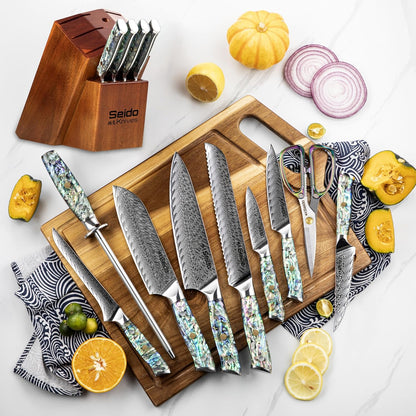 Seido 13-Piece Awabi Knife Block Set – Premium VG-10 Damascus Steel Knives with Abalone Shell Resin Handles