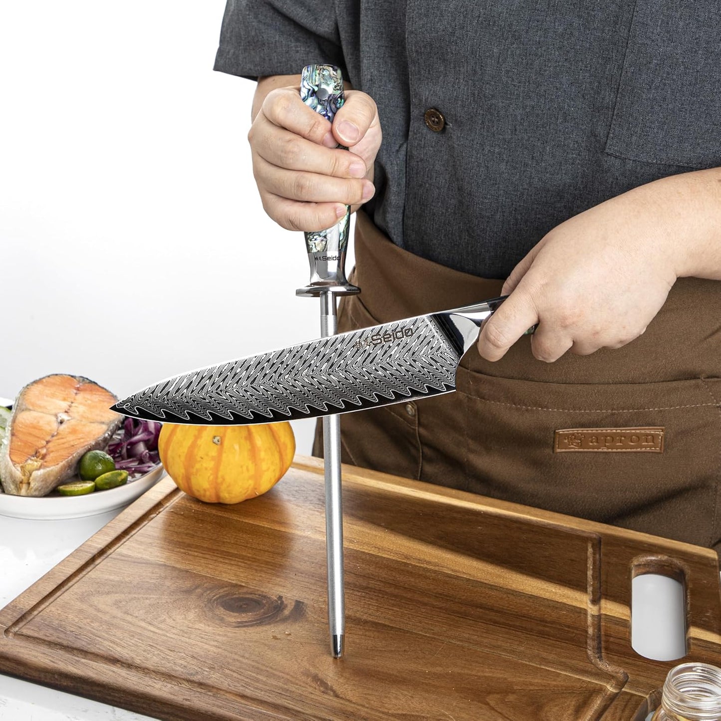 Seido 13-Piece Awabi Knife Block Set – Premium VG-10 Damascus Steel Knives with Abalone Shell Resin Handles