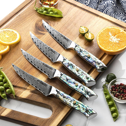 Seido 13-Piece Awabi Knife Block Set – Premium VG-10 Damascus Steel Knives with Abalone Shell Resin Handles