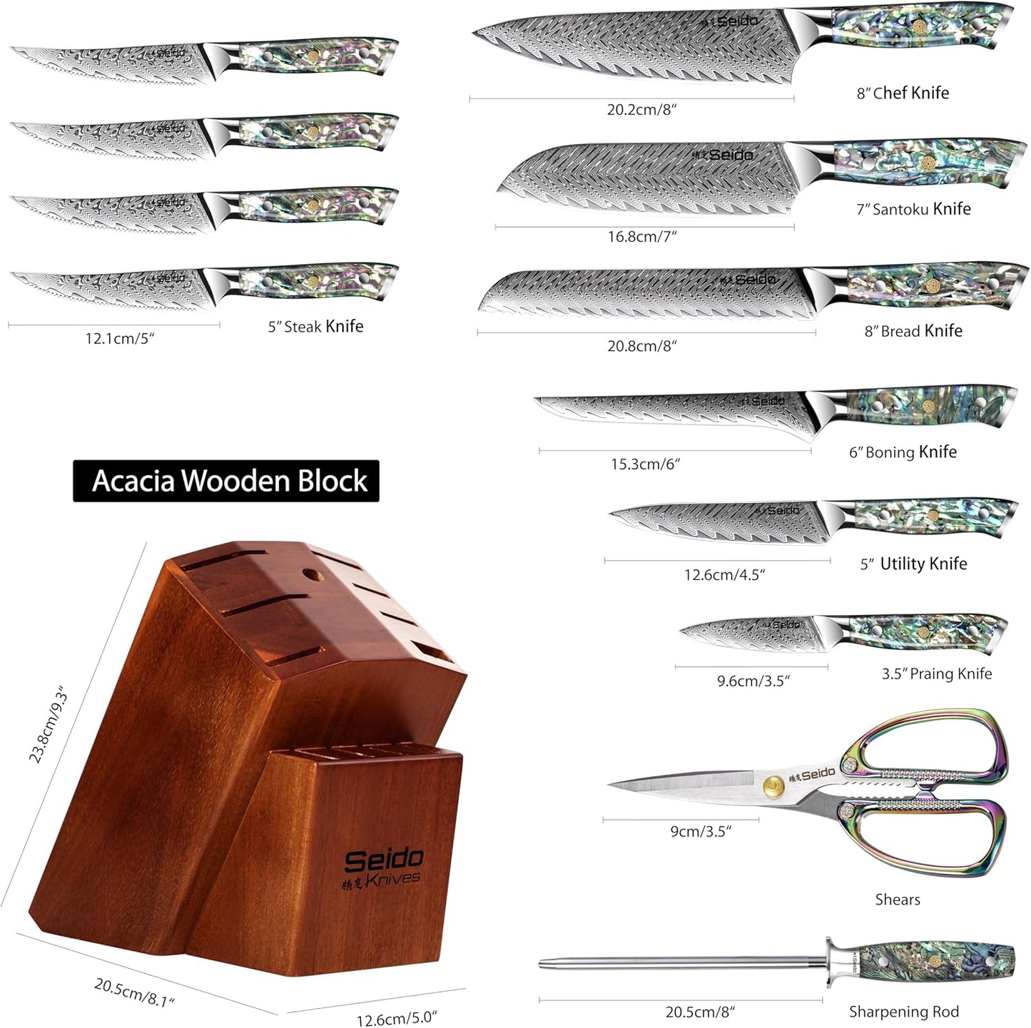 Seido 13-Piece Awabi Knife Block Set – Premium VG-10 Damascus Steel Knives with Abalone Shell Resin Handles