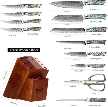 Seido 13-Piece Awabi Knife Block Set – Premium VG-10 Damascus Steel Knives with Abalone Shell Resin Handles